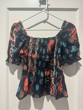 Black Floral Smocked Off-Shoulder Blouse with Puff Sleeves